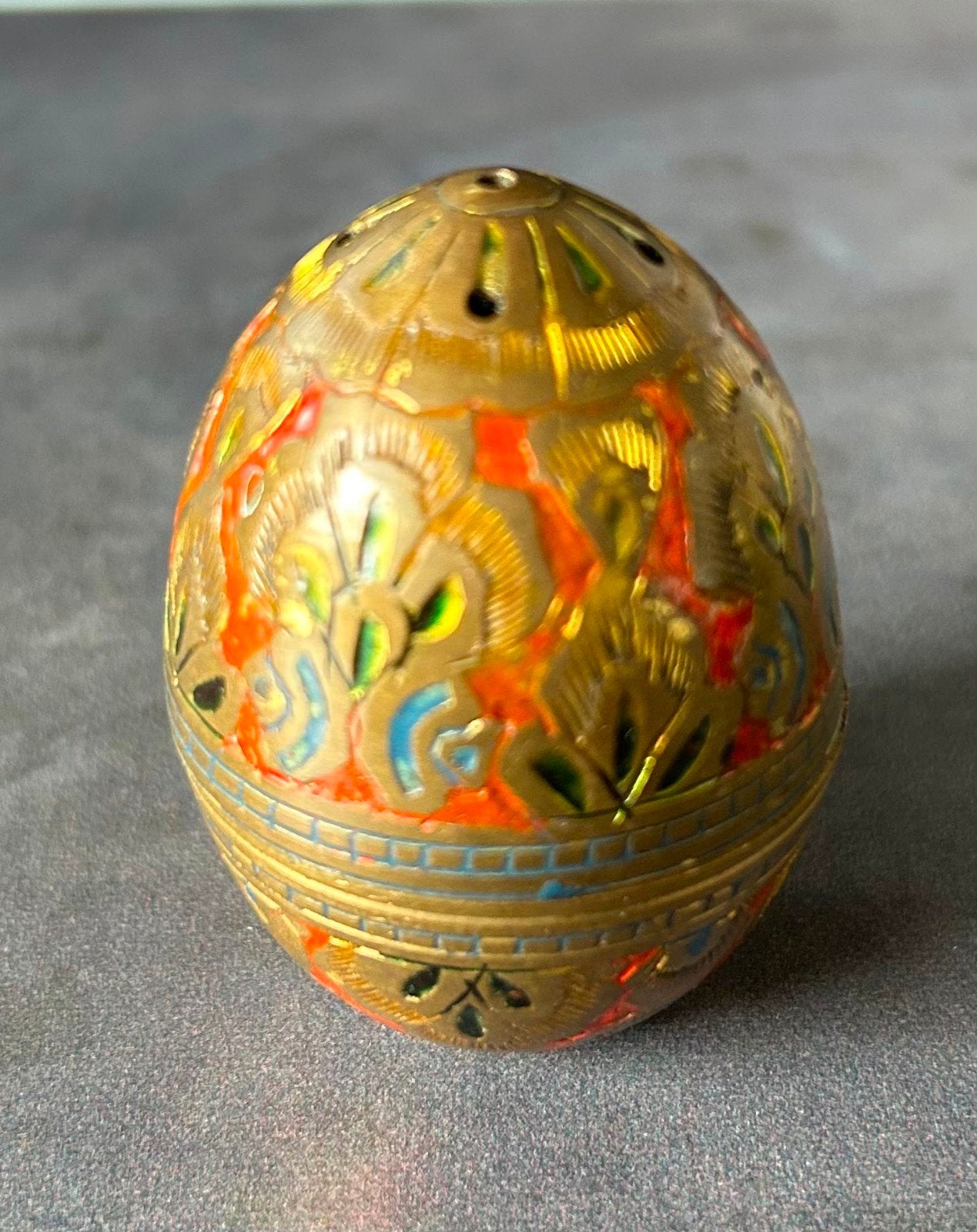 Vintage koperen zout- en pepervaatjes, emaille decor, Ophalen of Verzenden