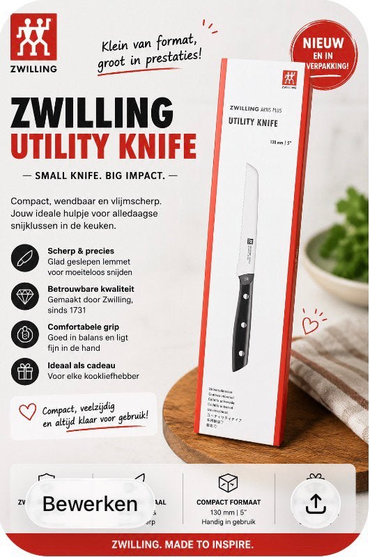 NIEUW | Zwilling Artis Plus Utility Knife – 130 mm (5”), Huis en Inrichting, Keuken | Bestek, Nieuw, Los bestek, Rvs of Chroom