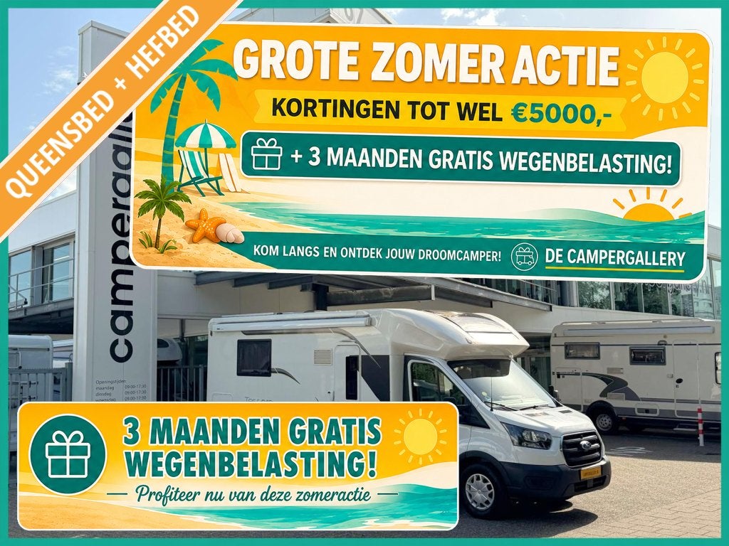Benimar Tessoro 495 UP QUEENSBED + HEFBED XXL GARAGE 6.99M, Caravans en Kamperen, Standaard zit, Ford, 6 tot 7 meter, Bedrijf