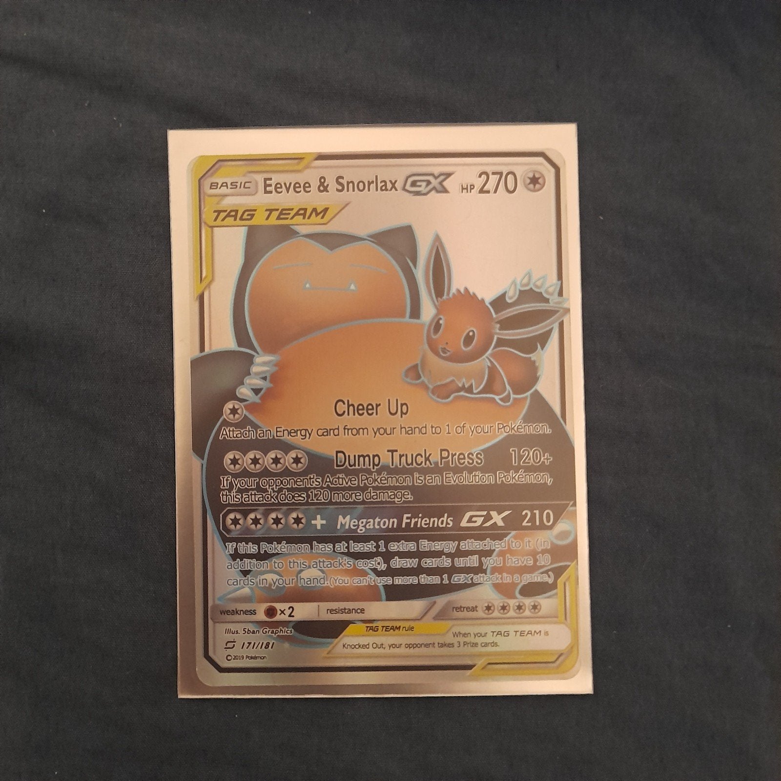 Eevee & Snorlax GX Pokémon Kaart - Tag Team, Ophalen of Verzenden, Zo goed als nieuw, Losse kaart