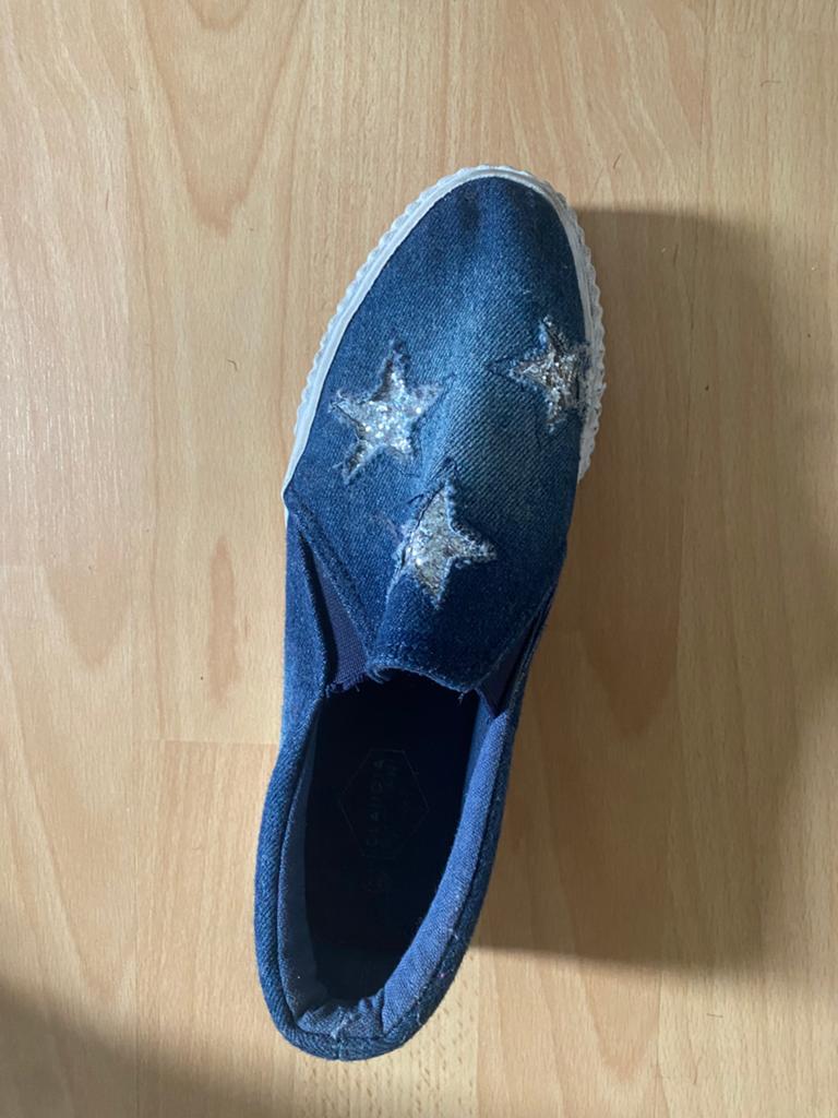 Denim instappers met sterren, Ophalen, Gedragen, Blauw, Instappers