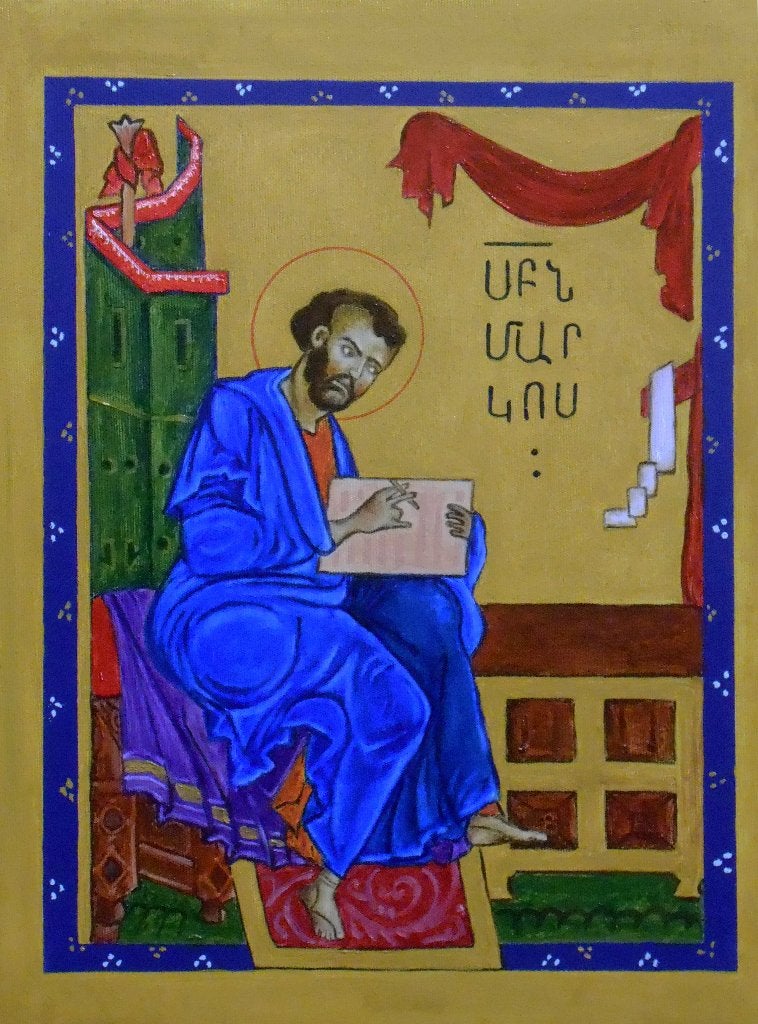 Schilderij – Icoon – Miniatuur van Sint Marcus, Origineel werk, Portret of Personen, Olieverf, Klassiek