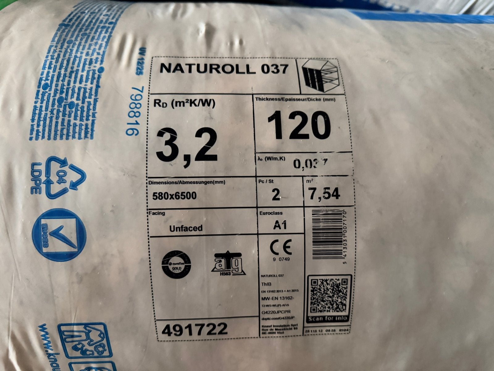 Knauf Naturoll 037 Glaswol isolatie 120mm dik, Ophalen, 12 cm of meer, Zo goed als nieuw, 15 m² of meer