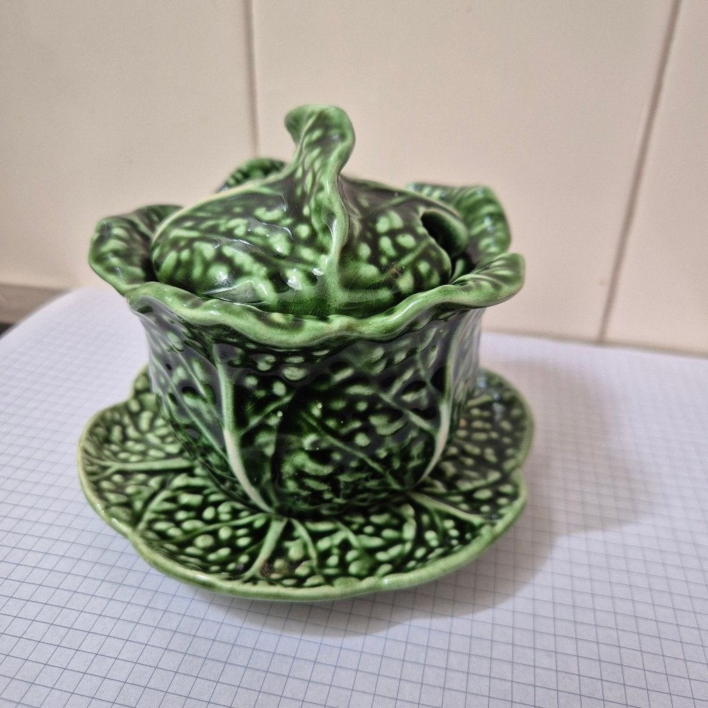 Vintage jampot / honingpot vorm Koolblad met schotel, Ophalen of Verzenden, Zo goed als nieuw, Overige stijlen, Overige typen