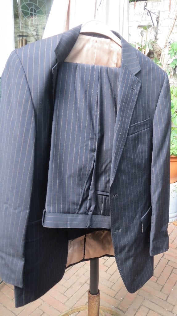 Kostuum heren, maat 48, colbert en pantalon, blauw krijt, Ophalen of Verzenden, Zo goed als nieuw, Maat 48/50 (M), Blauw