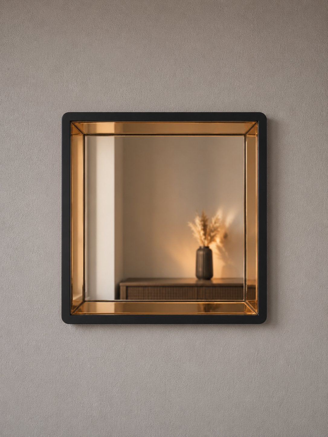 Nieuwe Zwarte Vierkante Spiegel met Goud/Brons Binnenkant, Minder dan 50 cm, Vierkant, Nieuw, Ophalen of Verzenden