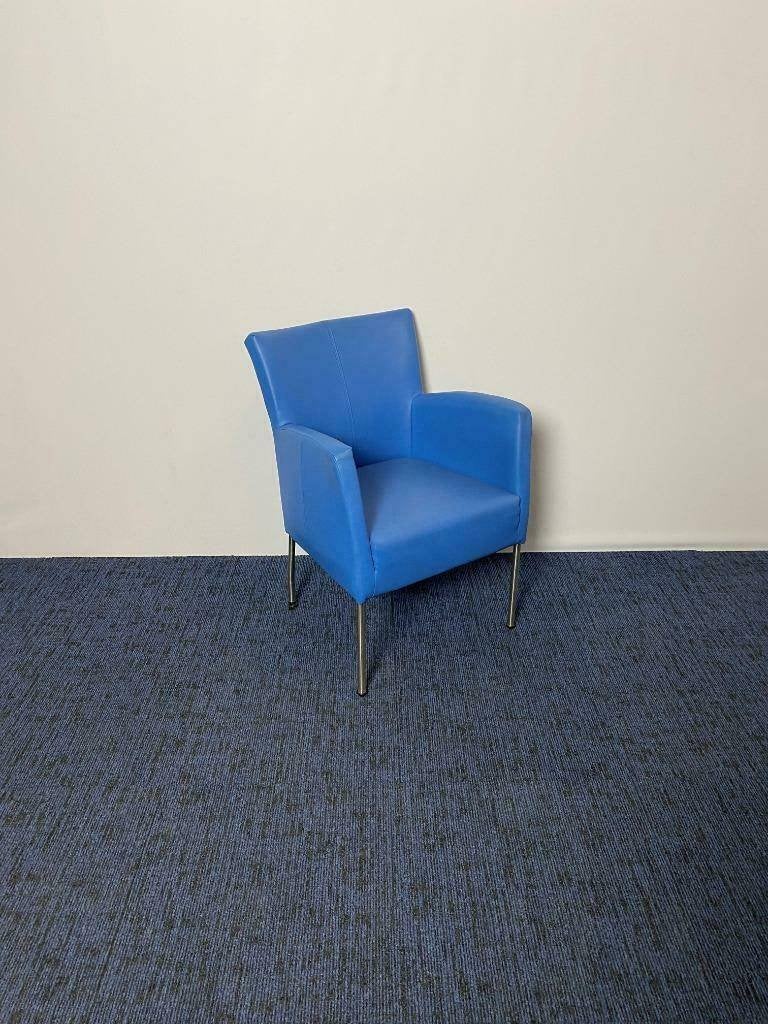 Vergaderstoel, blauw leder, chroom 4-poot onderstel
