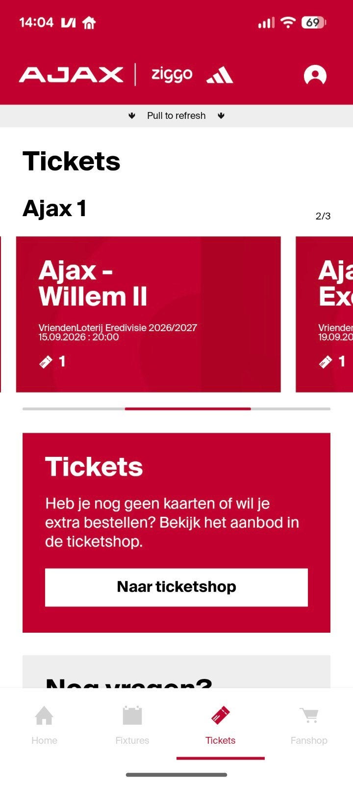 1x kaartje Ajax - Willem II vak 410 rij 23, Losse kaart, Eén persoon, September