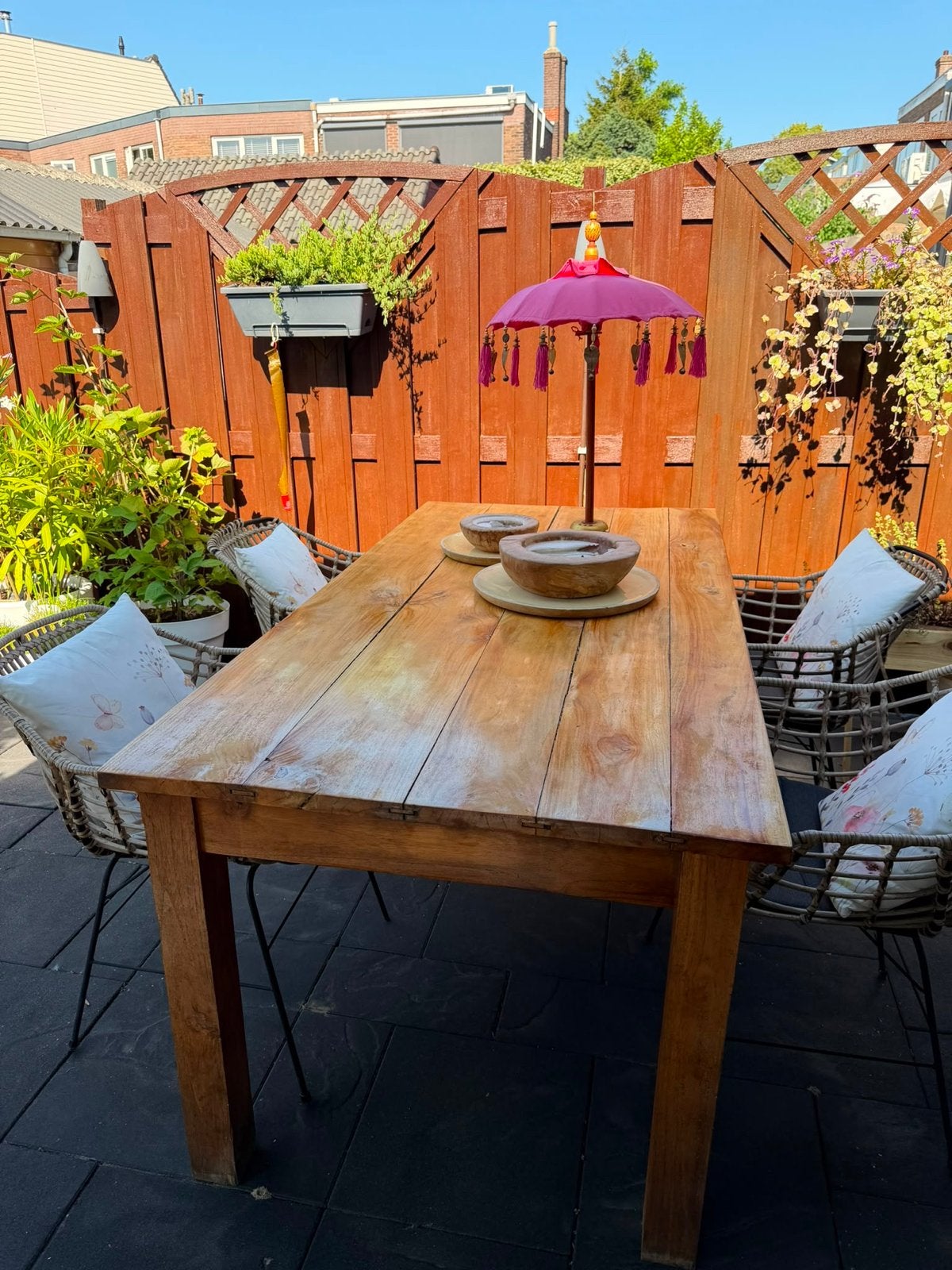 Teakhouten tuintafel 90x180x80cm met stoelen, Tuin en Terras, Tuintafels, Ophalen, Gebruikt, Rechthoekig, Teakhout
