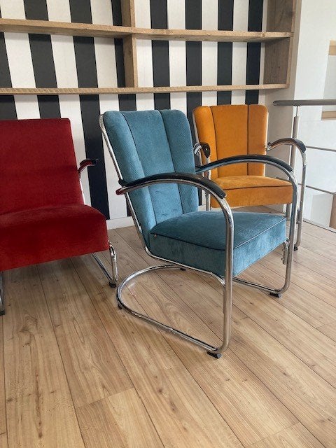Gispen 412 fauteuil , chroom, nieuwe grijsblauwe ribstof, Design, 75 tot 100 cm, Zo goed als nieuw, Stof