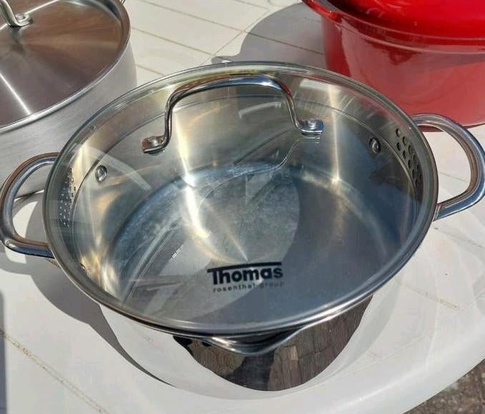 Thomas kookpan met afgietsysteem, 32 cm doorsnee, Ophalen, Rvs, Kookpan of Snelkookpan