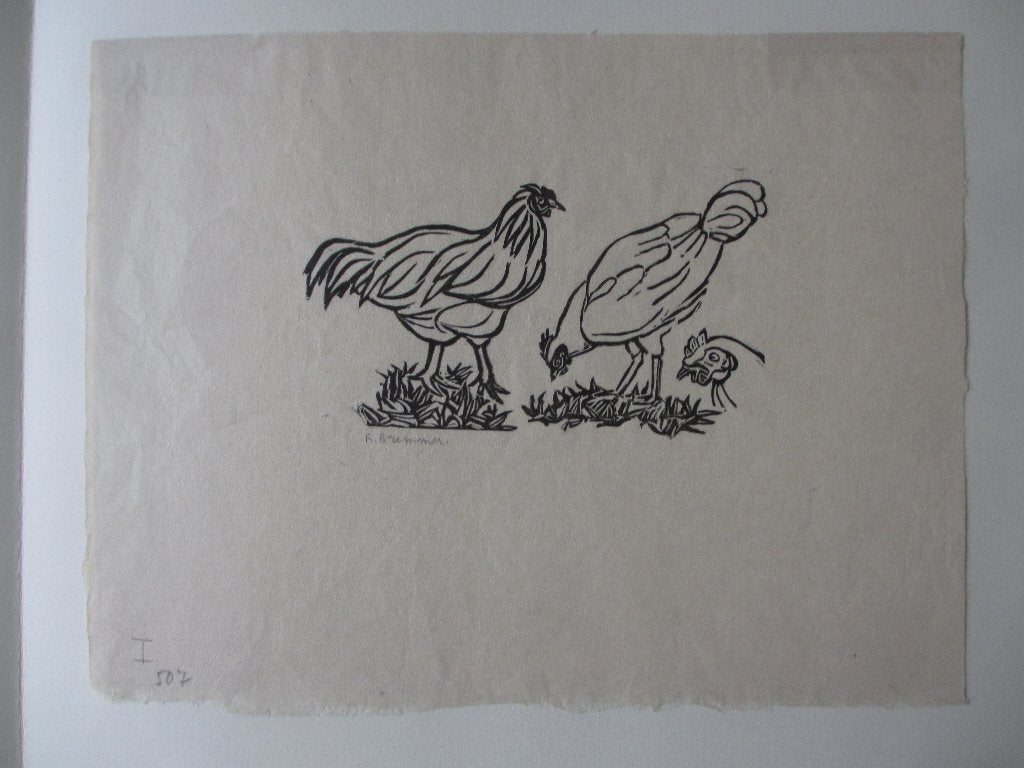 Originele Houtsnede Rudolf Bremmer Kippen / Hoenders, 1950 - 1999, Ophalen of Verzenden, Houtsnede, Flora en Fauna
