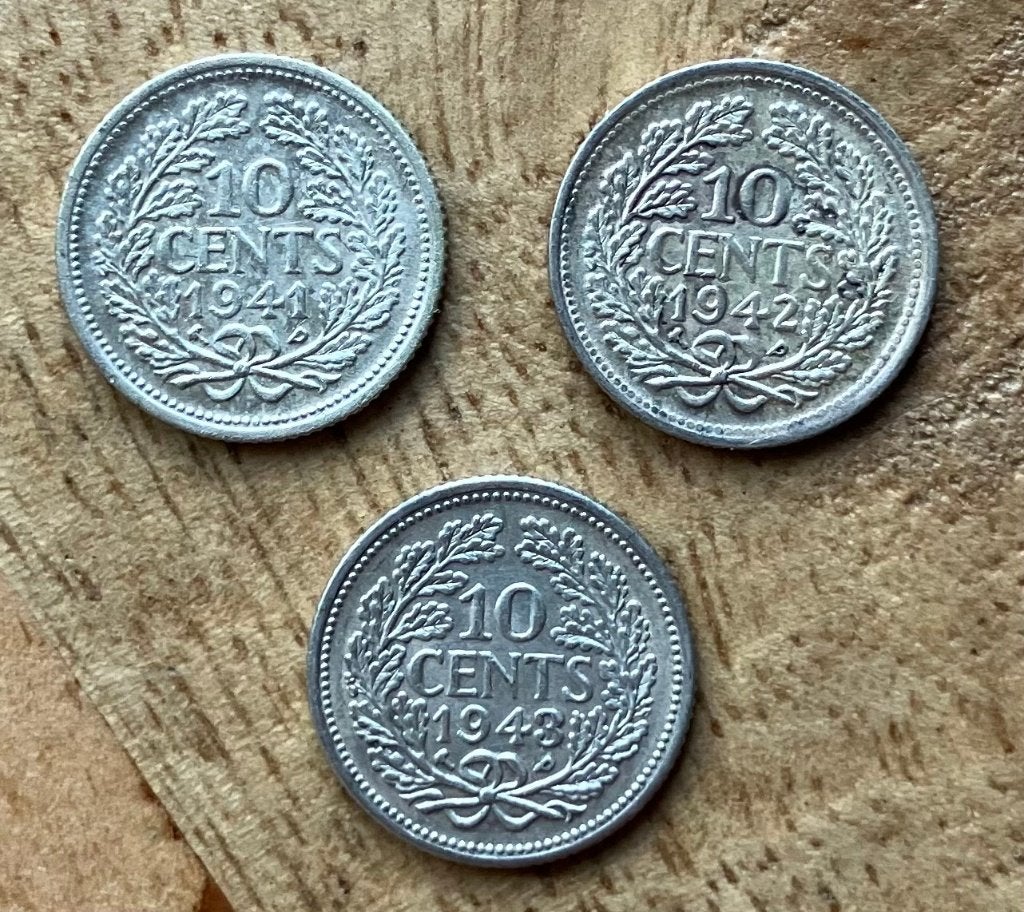 10 cent 1941 PP, 1942 PP en 1943 PP Wilhelmina, Ophalen, Setje, Zilver, 10 cent