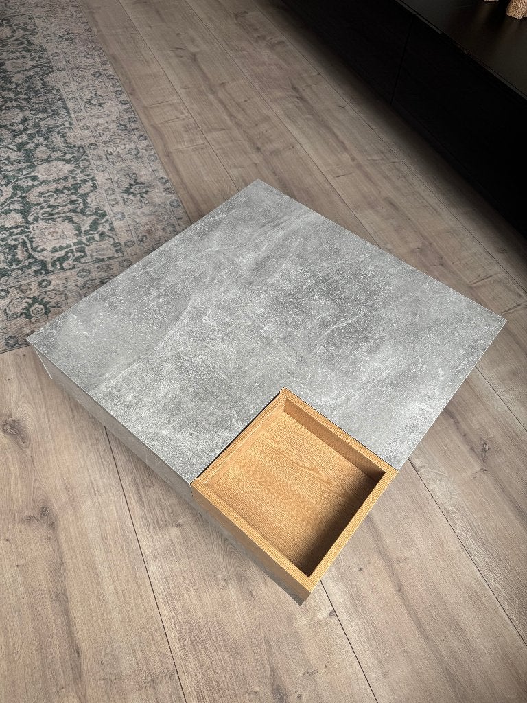 Betonlook salontafel met verborgen opbergruimte – 72  72 cm, Ophalen, 50 tot 100 cm, Vierkant, 50 tot 100 cm