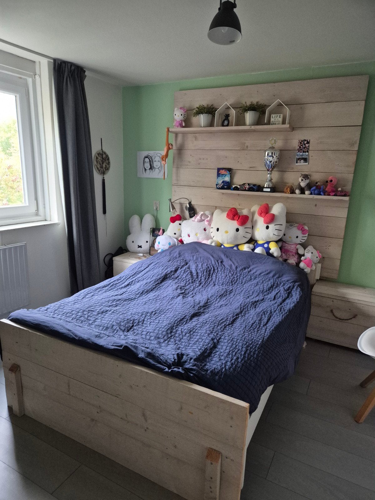 Steigerhouten tweepersoonsbed 140x200 met nachtkastjes, Gebruikt, Overige kleuren, Steigerhout, Tweepersoons