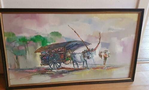 Indonesisch Schilderij B. Rosar kar met os, Ophalen