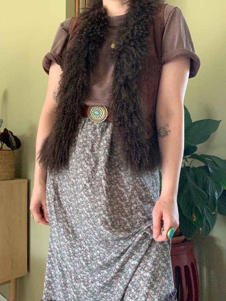 Vintage mongolian fur afghan gilet M bohemian waistcoat, Maat 38/40 (M), -, Ophalen of Verzenden, Zo goed als nieuw