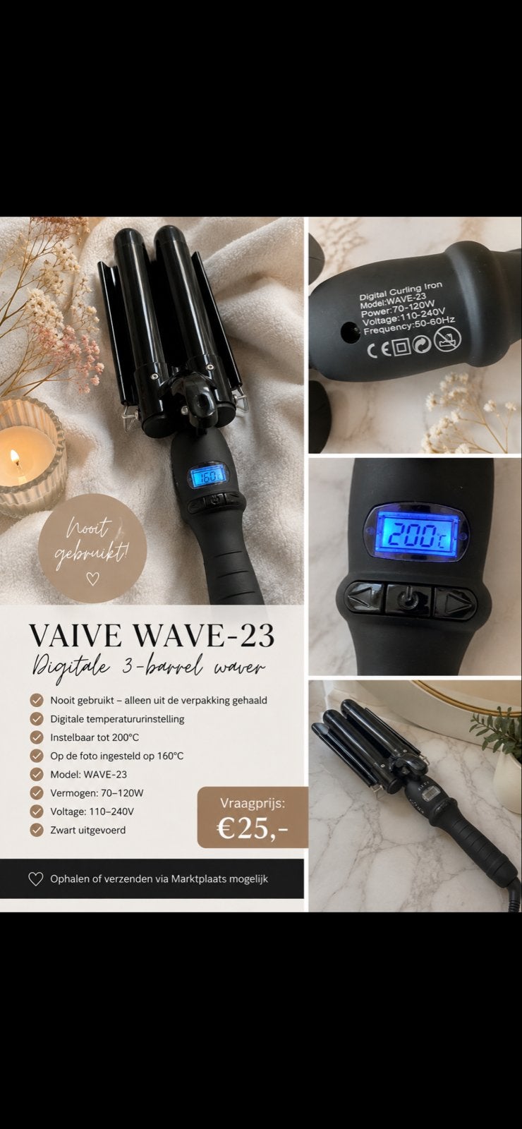 VAIVE WAVE-23 Digitale 3-barrel waver krultang, Ophalen of Verzenden, Nieuw, Haarverzorging