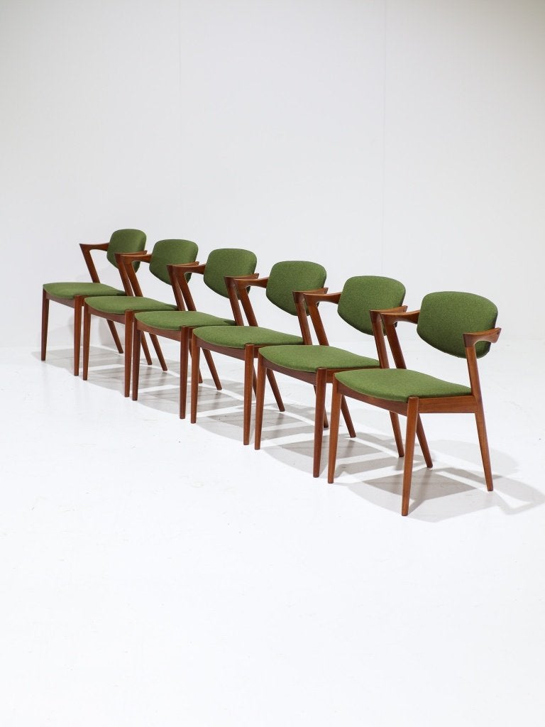 6x Kai Kristiansen model 42 eetkamerstoelen teak groen 1960s, Huis en Inrichting, Stoelen, Ophalen, Overige kleuren, -, -