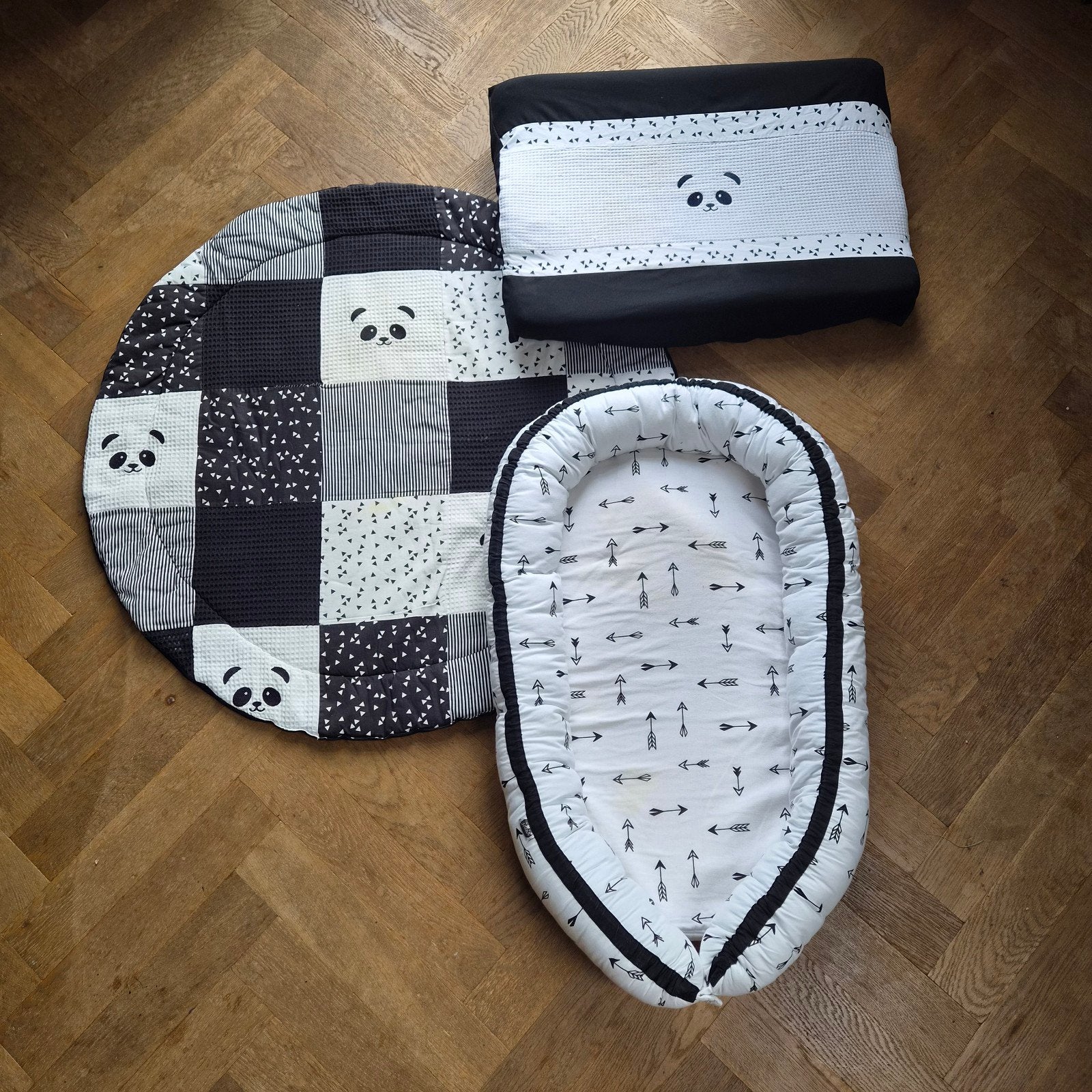 Baby nestje, speelkleed en deken set - Panda thema, Wasbaar, Overige typen, Zo goed als nieuw, Zwart