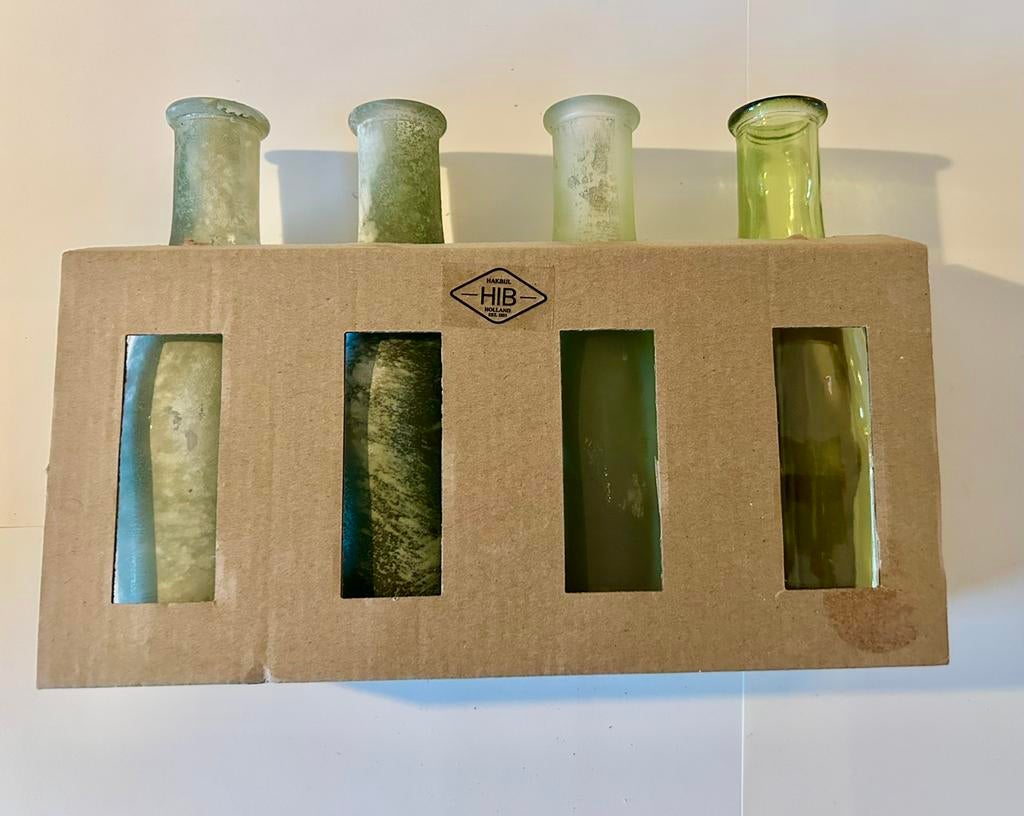 Set van 4 glazen fles vazen, Nieuw, Ophalen of Verzenden, Glas, Minder dan 50 cm