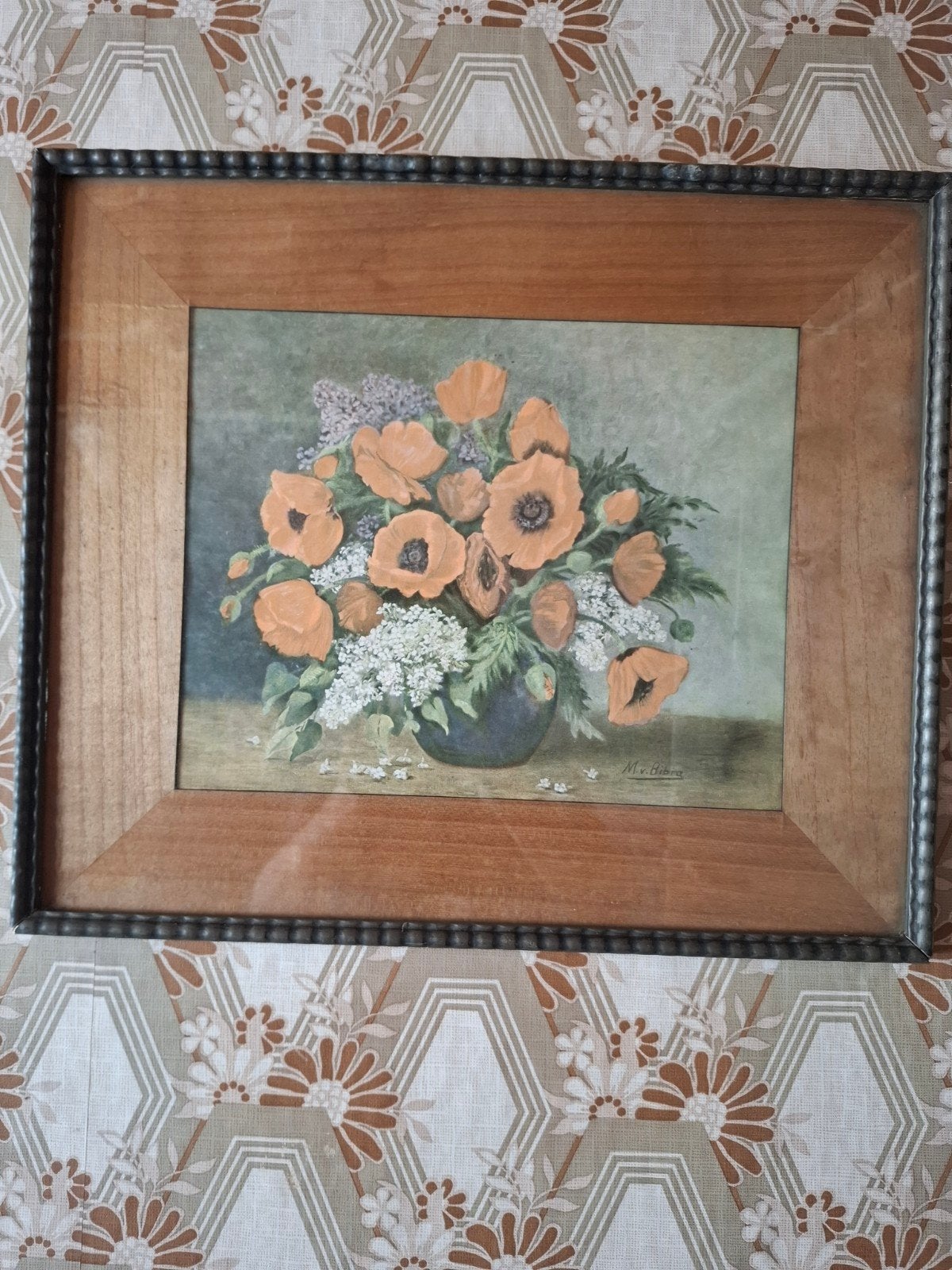 Oranje Klaprozen, gesigneerd M. van Bibra, Doek, Olieverf, Klassiek, Gesigneerd