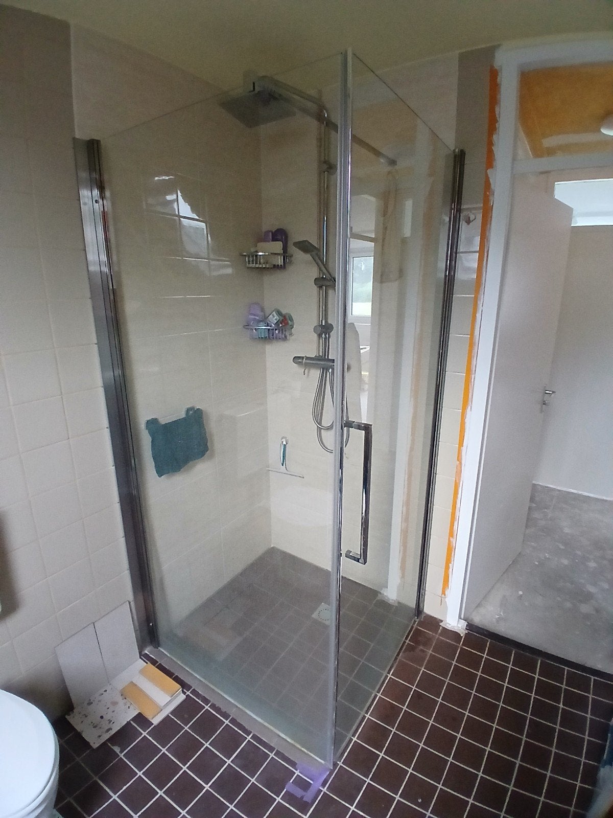Glazen douchedeur/wand + regendouche (ex thermostaatkraan), Huis en Inrichting, Ophalen, Gebruikt, Met douche