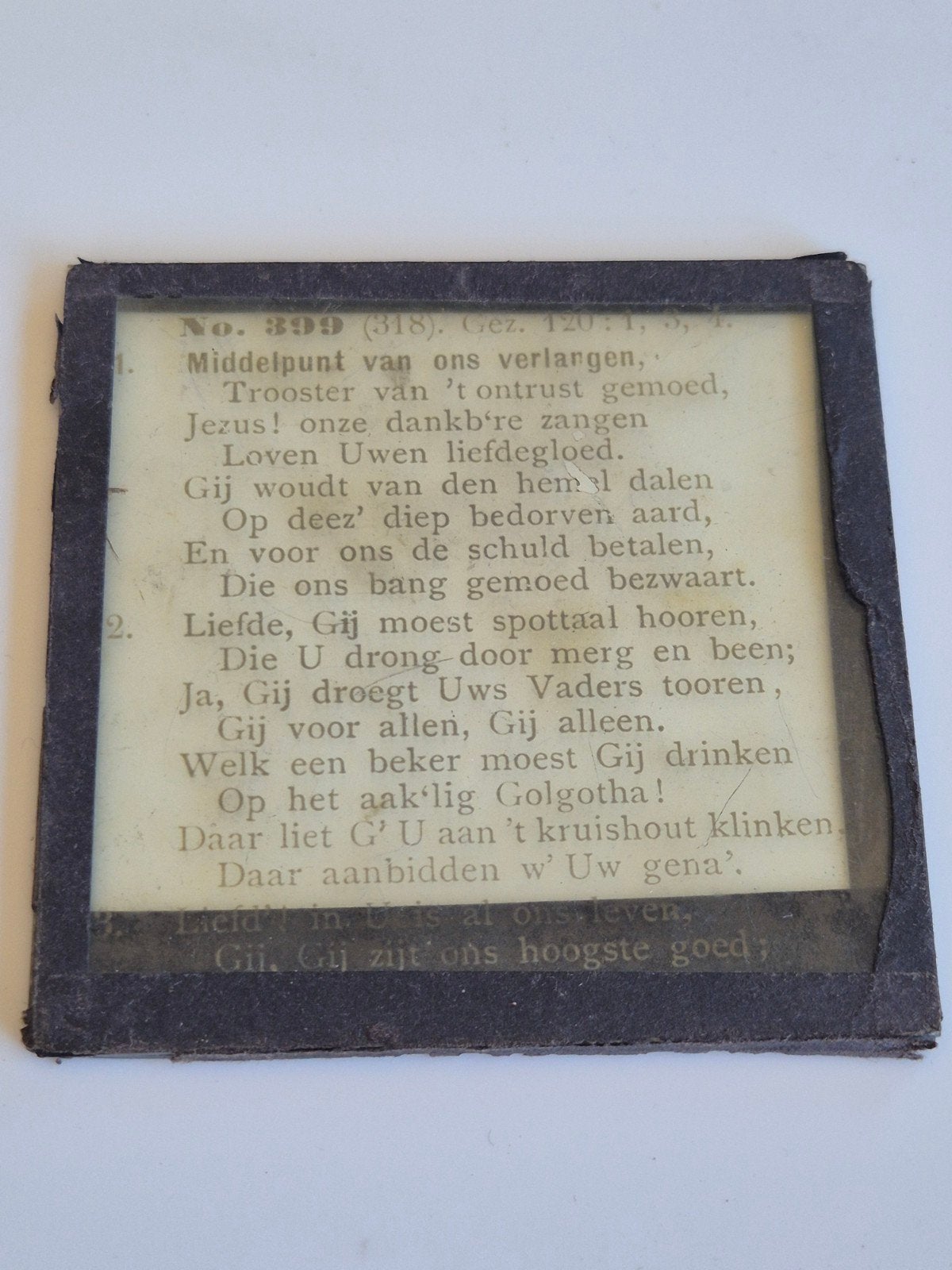 Antieke projectieplaat met gezangtekst - Gez. 120:1,3,4, Antiek en Kunst, Antiek | Religie, Ophalen of Verzenden