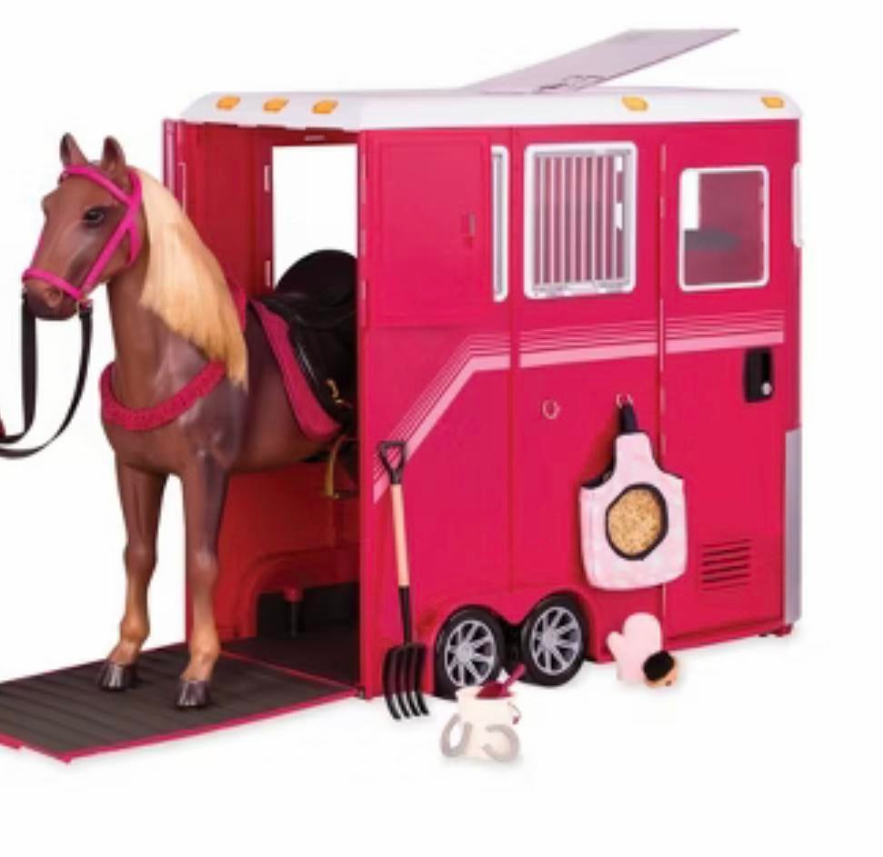 Our Generation Jeep, Trailer, Stal met Paard en Pop, Kinderen en Baby's, Speelgoed | Speelgoedvoertuigen, Zo goed als nieuw, Ophalen of Verzenden