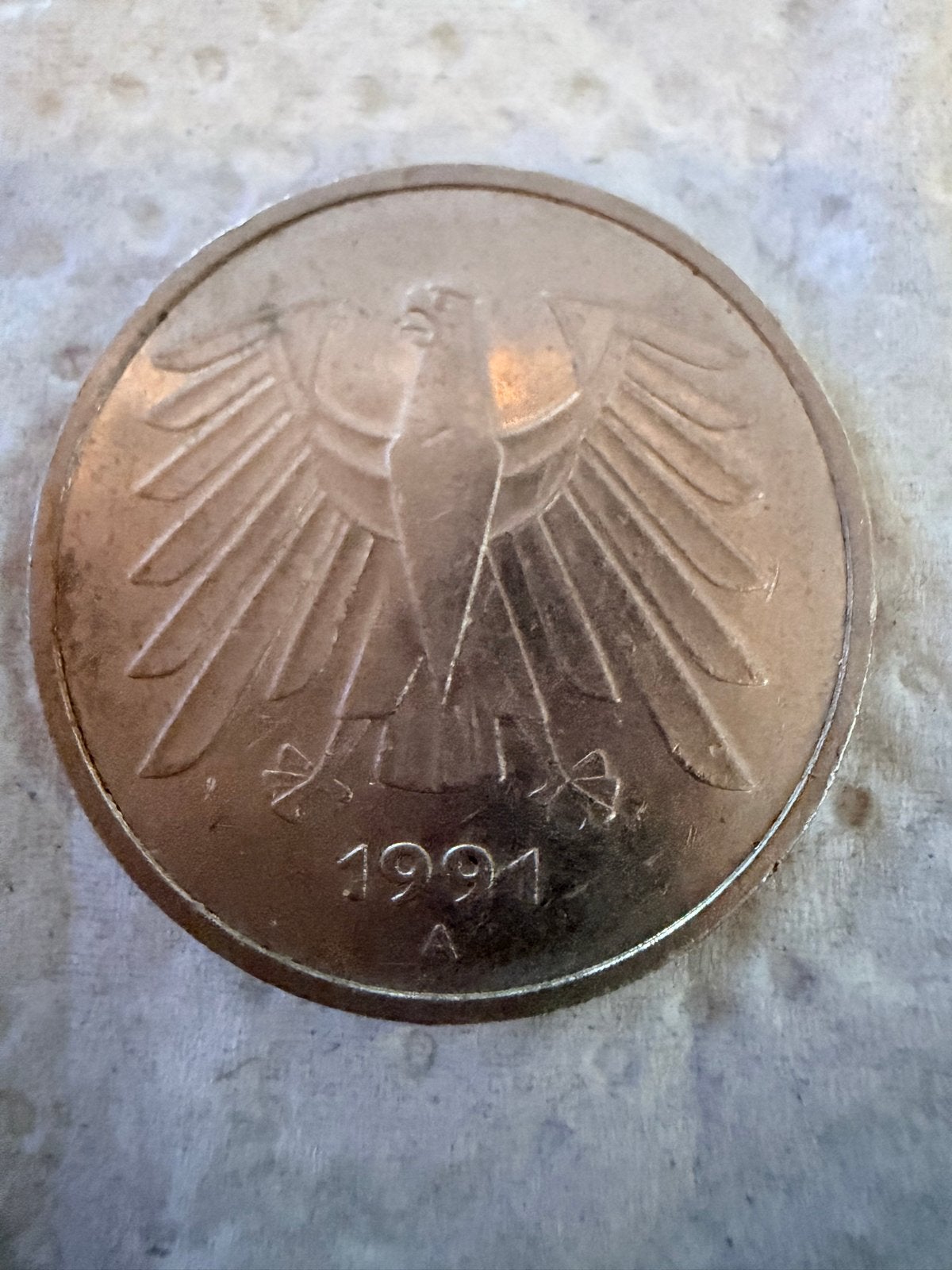 5 Duitse Mark munt 1991 - BRD (A), Postzegels en Munten, Postzegels | Europa | Duitsland, Gestempeld, 1990 tot heden, Ophalen of Verzenden