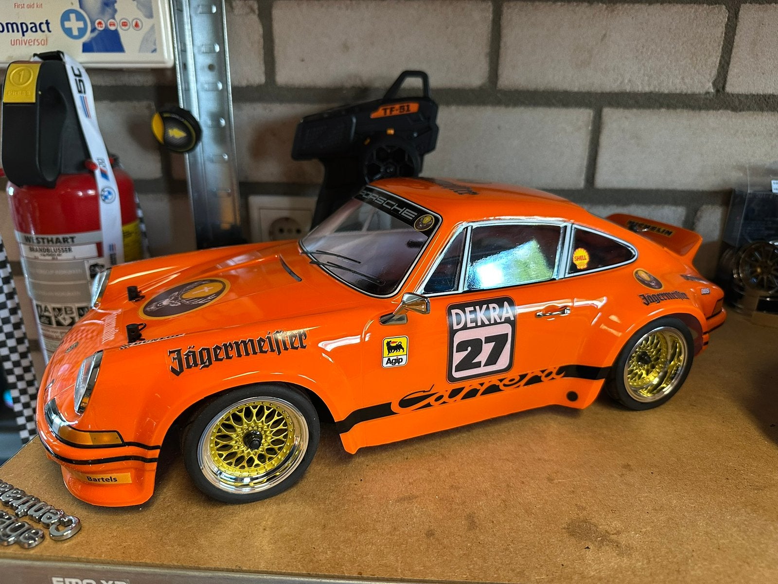 HPI/ tamiya Porsche 911 Jägermeister 1/1 rtr zeer compleet, Ophalen of Verzenden, Zo goed als nieuw, Auto onroad