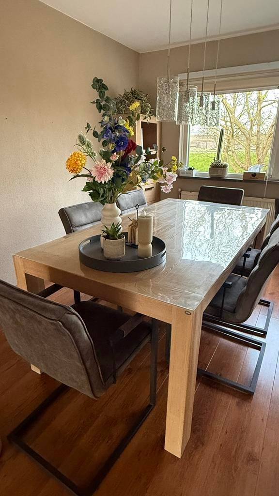 Complete Eethoek blank Eiken Keukentafel met 6 Stoelen, Huis en Inrichting, Ophalen, Gebruikt, 6 tot 8 stoelen