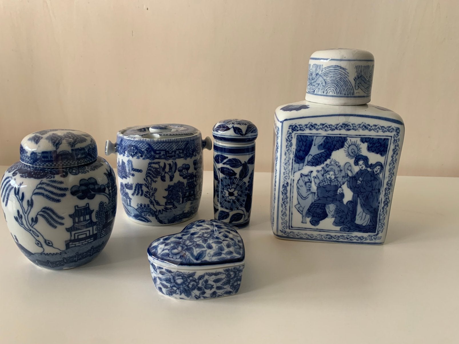 Collectie 5 vintage blauw-wit porselein en aardewerk potjes, Verzenden