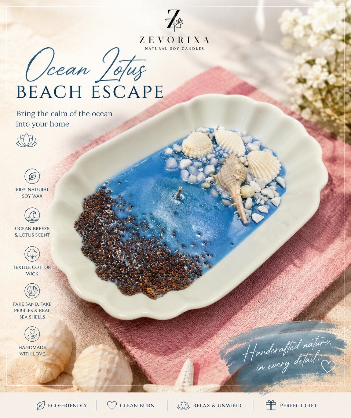 Ocean Lotus Kaars - Strandrust voor Thuis, Overige materialen, 25 tot 50 cm, Nieuw, Kaars