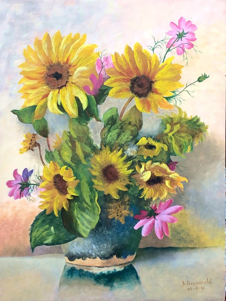 B.Groeneveld Schilderij 'Vaas met Zonnebloemen en Cosmea', Ophalen of Verzenden