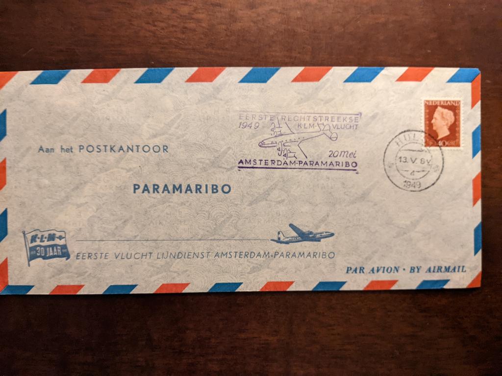 SURINAME 1949; Env. 1e VLUCHT A'DAM-PARAMARIBO LEES, Postzegels en Munten, Brieven en Enveloppen | Nederland, Verzenden, Envelop