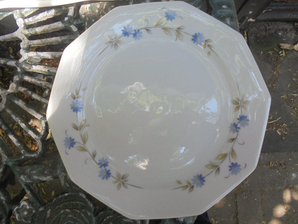 10 kantige gebaksbordjes met licht blauwe bloemetjes, Antiek en Kunst, Antiek | Servies los, Ophalen of Verzenden