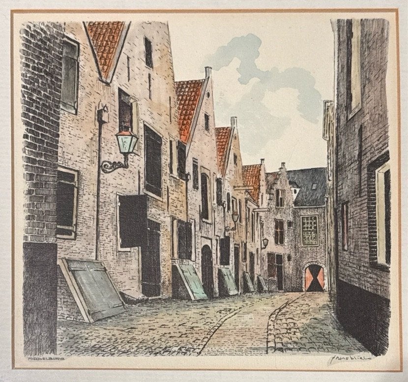 Stadsgezicht Middelburg - Ingelijste tekening, Antiek en Kunst, Realistisch, Ophalen of Verzenden, Tekening, Achter glas