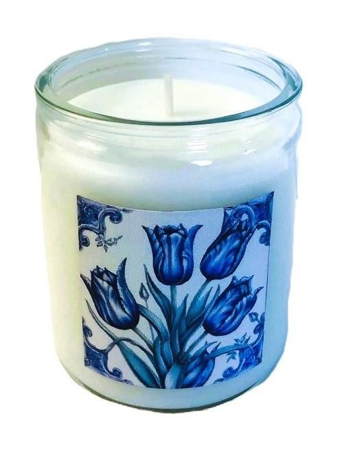 Kaars in glas met delfts blauw Tulip bloemen, Overige materialen, Verzenden, Wit, Nieuw