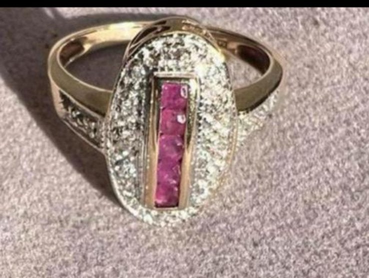 UIT ERFENIS GOUDEN ART DECO RING MET 5 ROBIJNEN EN DIAMANTEN, Sieraden, Tassen en Uiterlijk, Ophalen of Verzenden, Goud, Ring