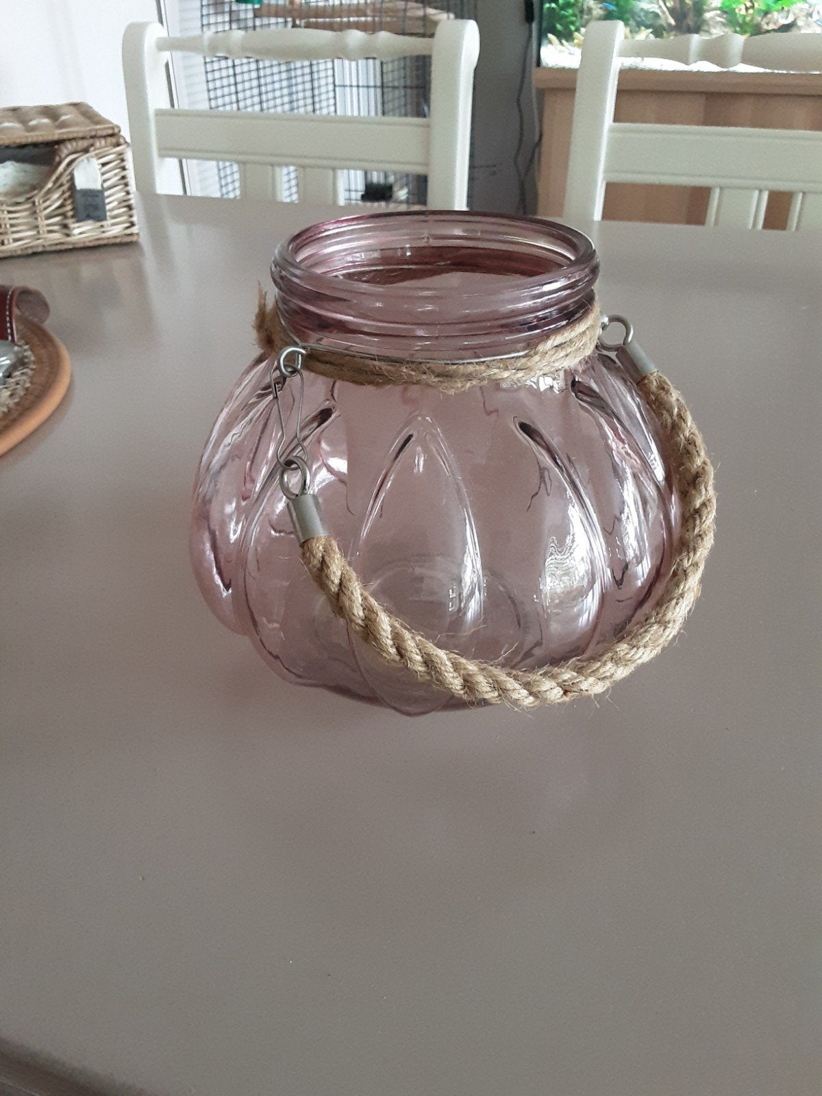 Mooi roze windlicht met touw, Ophalen of Verzenden, Gebruikt, Roze, Glas