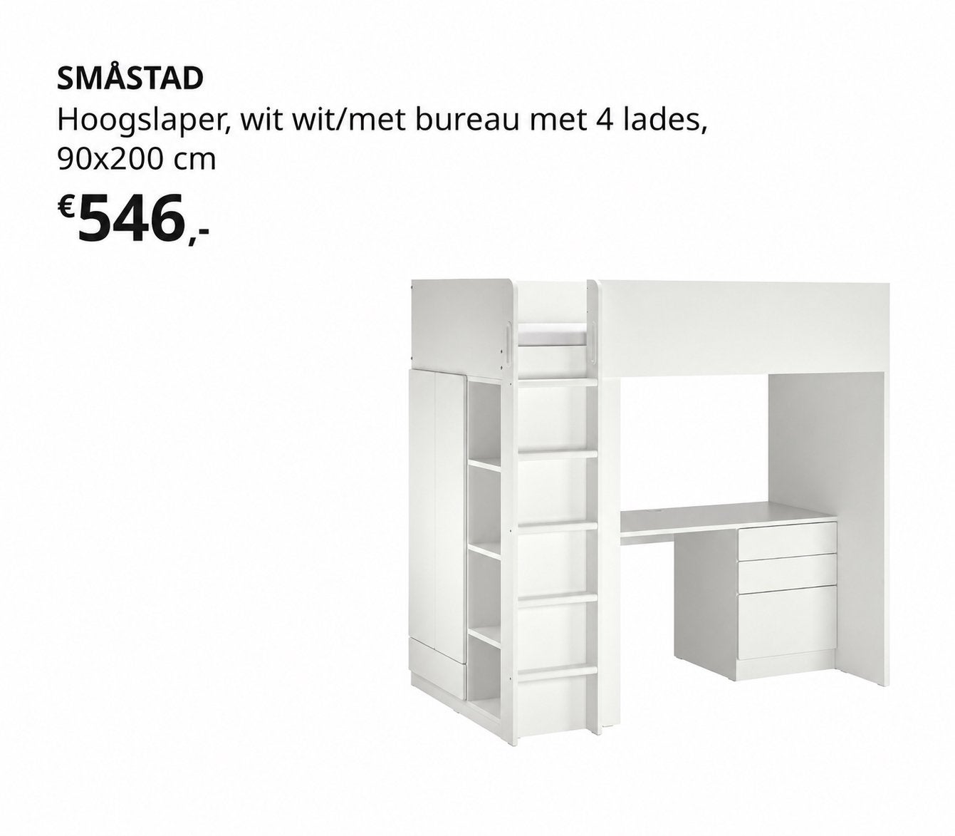 IKEA SMÅSTAD Hoogslaper met bureau, matras en bureaustoel, Ophalen, Gebruikt, Eenpersoons, 200 cm