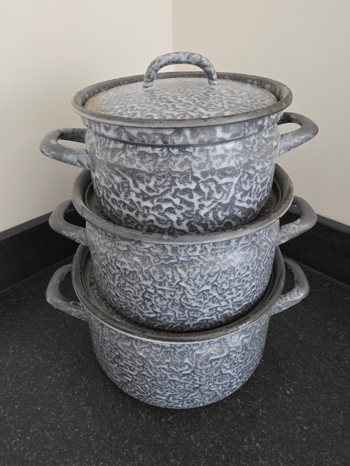 Pannenset, emaille, wolkjesmotief, 3 stuks, Ophalen of Verzenden