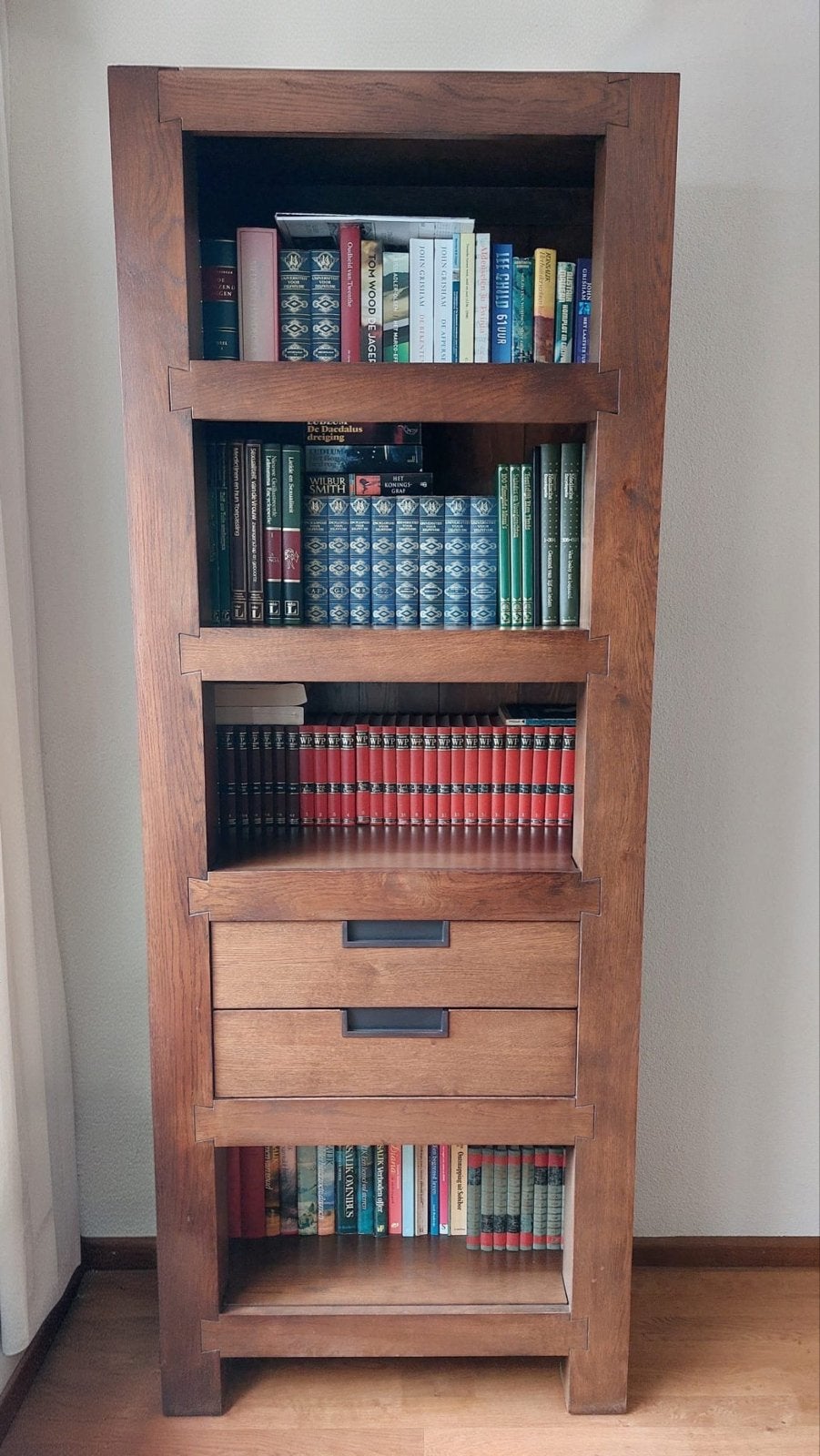 Massief eiken boekenkast met 2 lades, Ophalen, Met plank(en), 200 cm of meer, Eikenhout