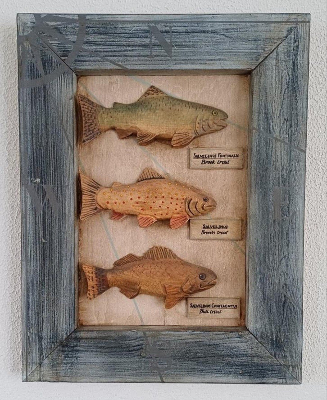 Houten Schilderij met 3 Gedetailleerde Forellen, 45x35cm, Ophalen of Verzenden