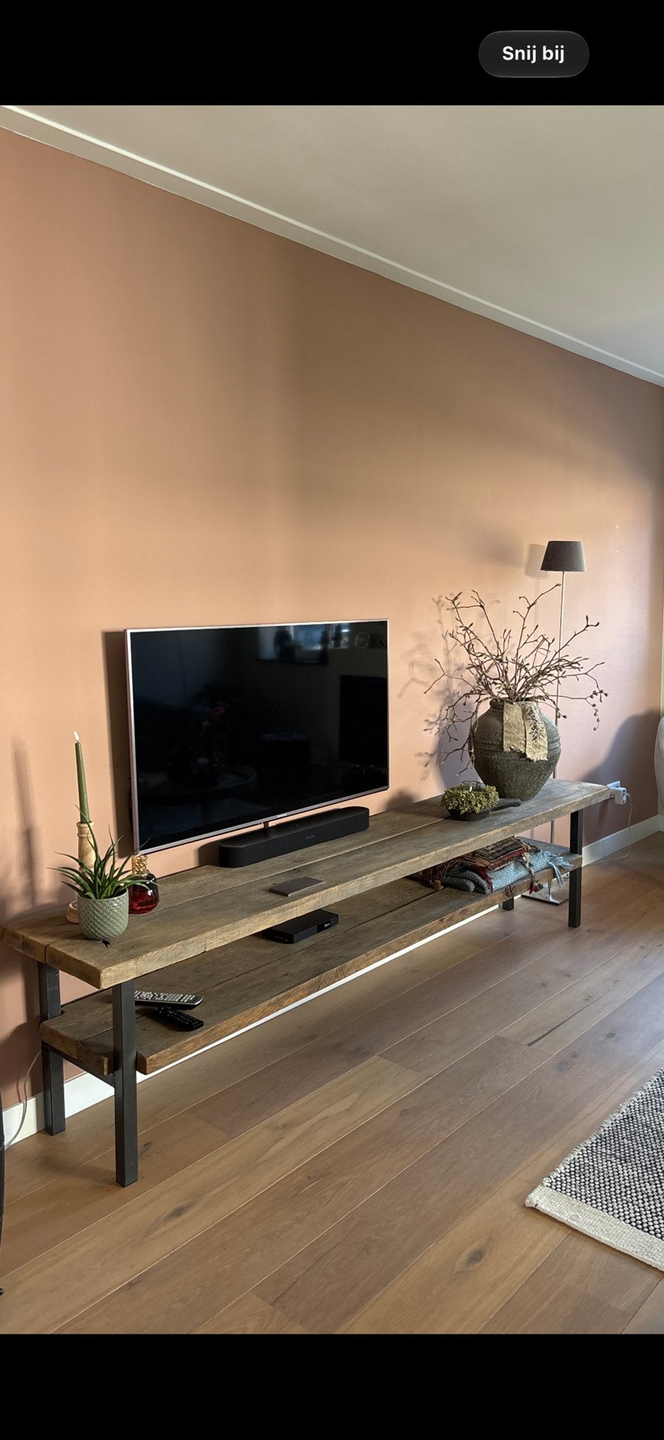 Robuust TV-meubel van eikenhout en metaal, Ophalen, Gebruikt, Eikenhout, 200 cm of meer