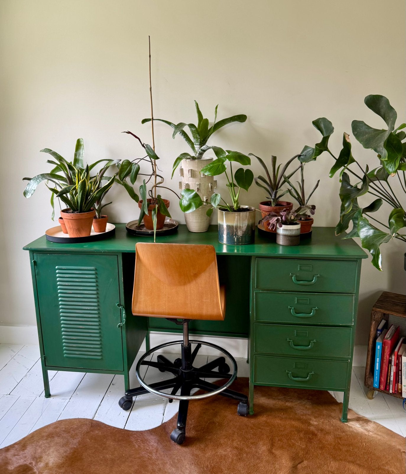 Vintage stalen bureau + retro bureaustoel, Ophalen, Overige typen, Groen, Gebruikt