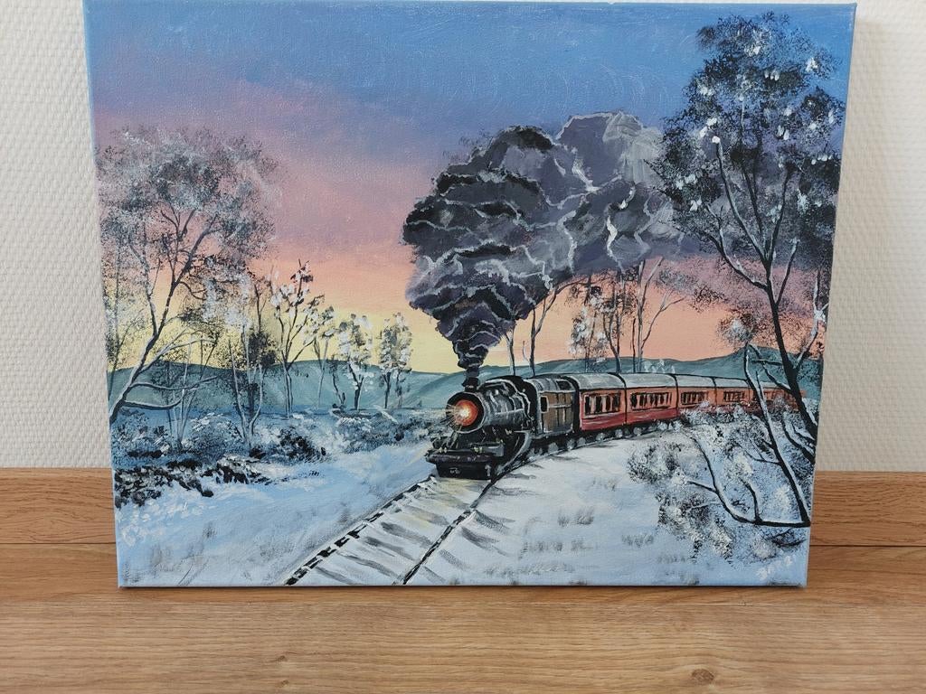 Stoomtrein in sneeuw op linnendoek, Ophalen of Verzenden