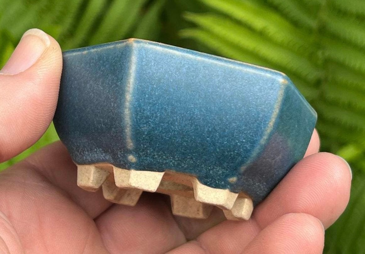 Bonsai pot zeskant blauw geglazuurd aardewerk 7,5x6,6x3,4, Tuin en Terras, Ophalen of Verzenden, Zo goed als nieuw, Overige vormen