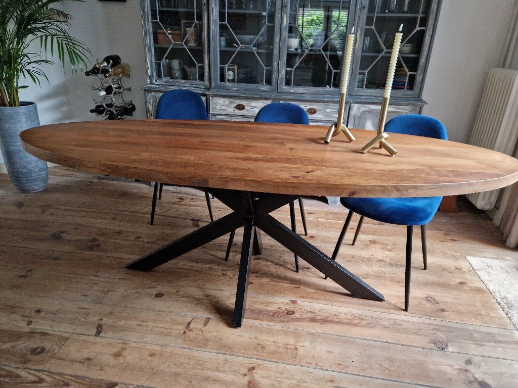 Ovalen Eettafel van mangohout (220 cm), Landelijk/industrieel, 200 cm of meer, 50 tot 100 cm, Zo goed als nieuw